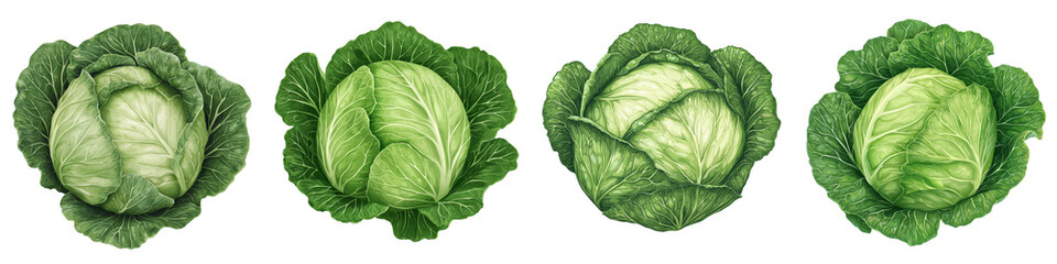 Obraz premium Assortment of Fresh Green Cabbages Arranged on a Plain White Background Highlighting the Leafy Texture and Natural Colors of this Nutritious Vegetable