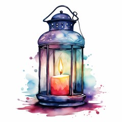 A beautifully illustrated lantern with a glowing candle inside, surrounded by soft, colorful watercolor splashes.