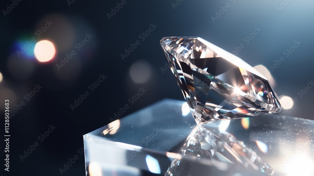 Poster sparkling diamond resting on a clear acrylic display under soft studio lighting creates an elegant s