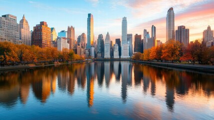 Fototapeta premium A stunning skyline reflects in a tranquil lake during sunset, framed by vibrant autumn foliage and a colorful sky.