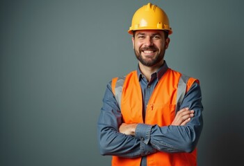A smiling construction worker with arms crossed, wearing a yellow hard hat and an orange safety vest.
