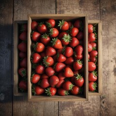 Top view of strawberries in a rustic wooden container, sweet, market, healthy eating, garden