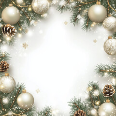 Square Christmas or New Year frame top view, decorative stars, balls and tree branches over white light background. Copyspace, place for text