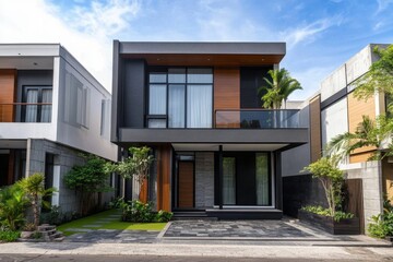 Modern two-story house with wooden accents and landscaped surroundings.