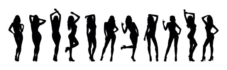 Sexy girls various poses standing in row black silhouettes set on white background.