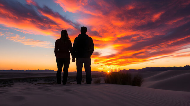 A couple watching the sunset over a desert landscape, with vibrant orange and pink skies casting dramatic shadows on the sand dunes. Watching desert sunset with vibrant skies.