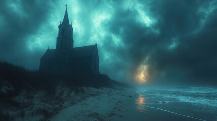 neon art in dreamy landscapes night scene of a church by the beach with a stormy sky