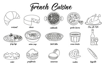 Collection outline hand drawn french cuisine foods