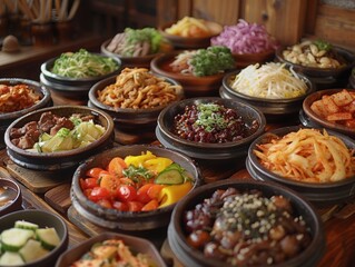 Korean Cuisine Buffet Delicious Dishes Asian Food 8K Ultra HD