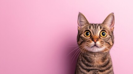 A Tabby Cat with Wide Eyes Against Pink Background