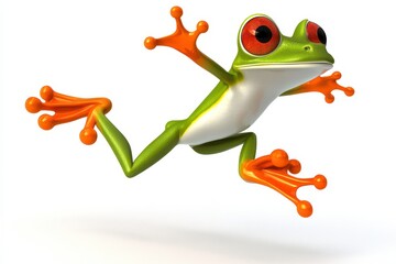 Naklejka premium A vibrant green frog with large eyes leaps dynamically against a white background.