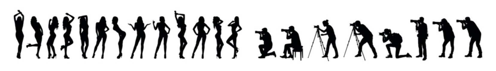 Silhouette set of group of photographers and group of sexy women models in various poses.