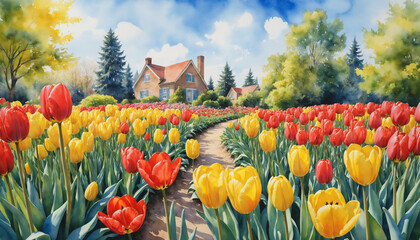 Spring flowers bloom in vibrant colors across a sunny garden path leading to a quaint cottage surrounded by lush greenery