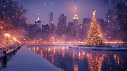 new york city skyline with christmas tree and angel in the square digital painting