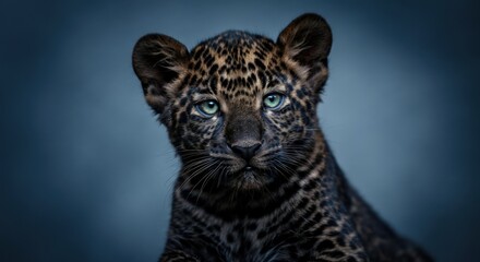 Obraz premium Young leopard portrait with intense green eyes in a dramatic blue background