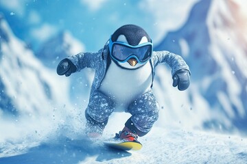 a penguin in a ski suit and goggles going down the mountain. on a full-color background. real photo. high detail. 