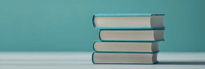 A neatly arranged stack of four books showcases their aqua blue edges, symbolizing knowledge, learning, and the timeless allure of reading in a calming environment.