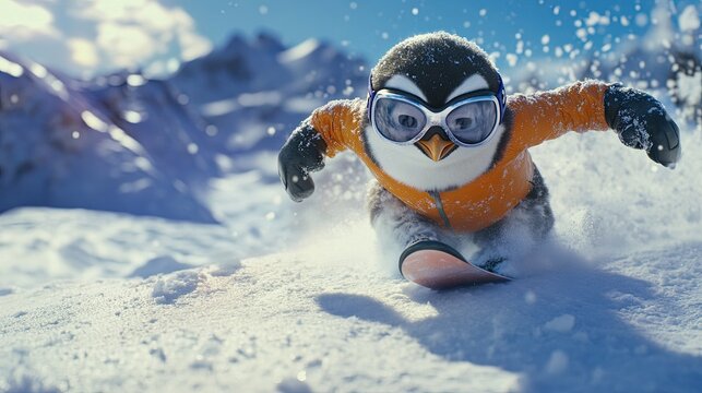 a penguin in a ski suit and goggles going down the mountain. on a full-color background. real photo. high detail. 