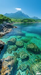 Stunning Jeju Island Crystal Clear Waters Volcanic Coastline Relaxing Beach Scene