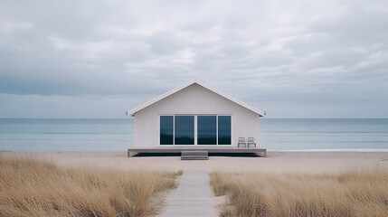 A minimalist beachfront bungalow featuring clean lines and neutral tones.
