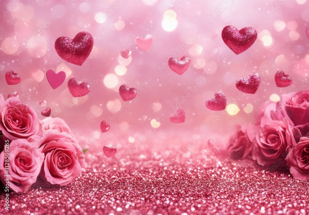 Poster a pink glittery background with roses and hearts floating in the air, creating an enchanting valenti