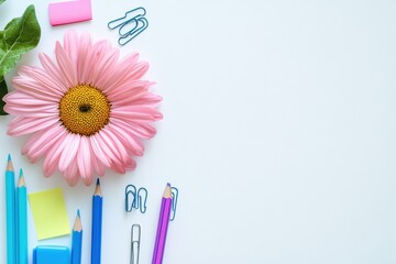 Colorful office supplies including pens, pencils, and sticky notes are placed around a pink flower...