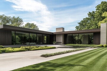 Fototapeta premium Modern architectural design featuring a sleek house with large windows and landscaped surroundings.