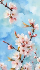 Obraz premium Delicate cherry blossoms blooming in a serene spring sky with soft watercolor hues capturing the essence of nature's renewal
