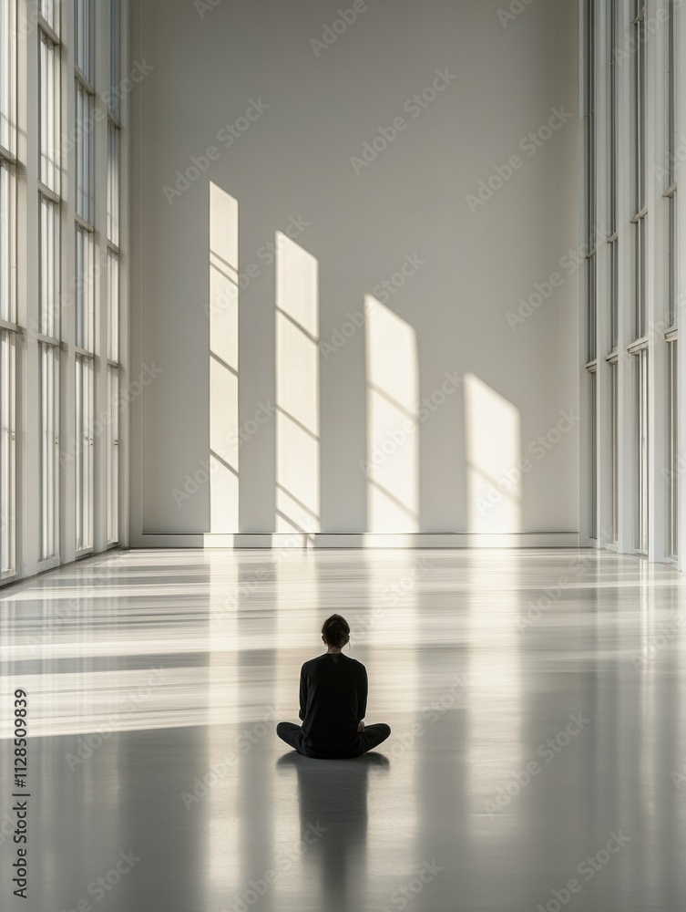 Aufkleber a solitary figure sits quietly on the floor of a large, empty gallery, surrounded by bright sunlight