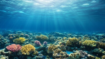 Obraz premium Sunlit Ocean Floor Displays Vibrant Coral Reef Life