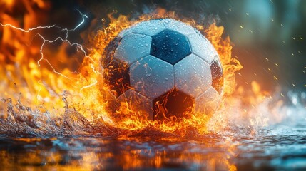 Fototapeta premium on an abstract polygonal background there is a burning soccer ball and water with lightning all around text spaced in a horizontal arrangemen