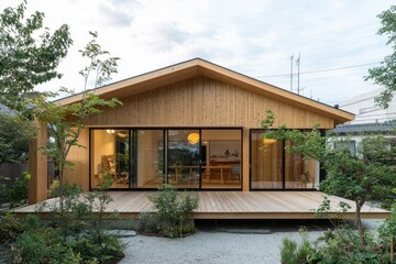 Fototapeta premium Modern wooden house with large windows and surrounding greenery.