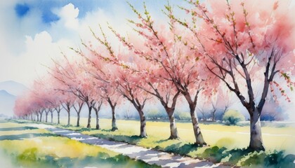 Naklejka premium Delicate cherry blossoms line a peaceful pathway under a bright blue sky on a vibrant spring day