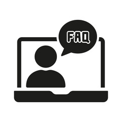Virtual Assistant Silhouette Symbol. Person on Laptop with FAQ Chat Bubble Glyph Icon. Online Customer Support Sign. Isolated Vector Illustration
