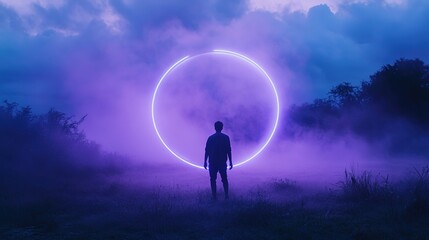 neon circle glowing fog atmospheric background, purple and blue colors, dreamlike scenery, mystical aura with clouds, abstract light concept, serene nighttime ambiance characters, 8k