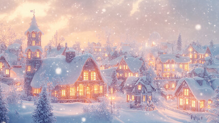 Naklejka premium A delightful snowy town lit up with colorful Christmas lights, spreading joy and a sense of peaceful celebration.