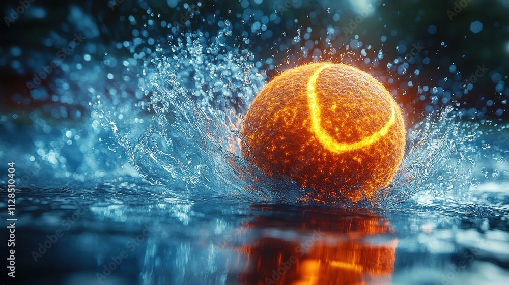 Poster on an abstract polygonal background there is a burning tennis ball and water with lightning all arou