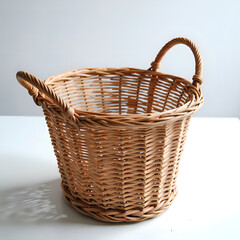 Obraz premium Handcrafted natural wicker basket with elegant handle design for home decor and storage solutions, photography of still life concept.