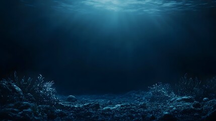 Fototapeta premium Underwater scene with deep blue tones, showcasing the mysterious and vast ocean depths