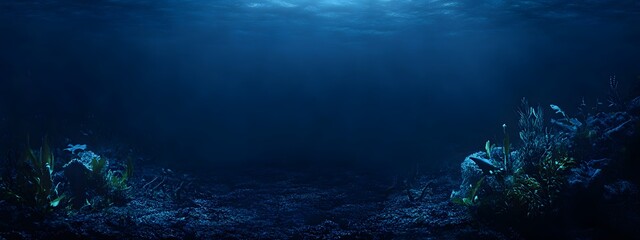 Obraz premium Underwater scene with deep blue tones, showcasing the mysterious and vast ocean depths