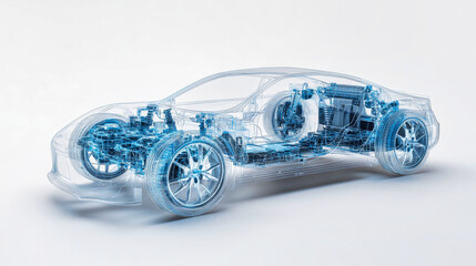 Digital rendering of a transparent high tech electric car