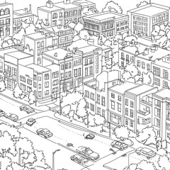 Fototapeta premium Dreamlike Character Sketches, Dreamlike Character Sketches, Detailed Cityscape Illustration Featuring Buildings and Streets