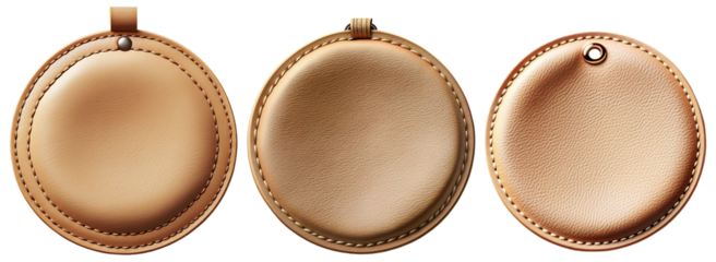 Extreme close-up of a group of three blank round beige leather badges with seams and copy space. Isolated on white or transparent background. Png. Collection and variation. Generative Ai.