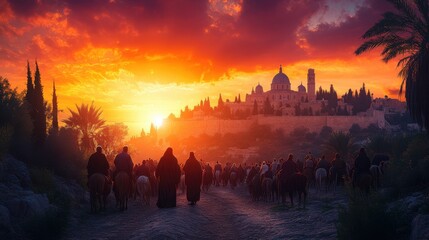 Fototapeta premium palm sunday christ s triumphal entry into jerusalem silhouette of a crowd of people on the background of palm trees and ancient city