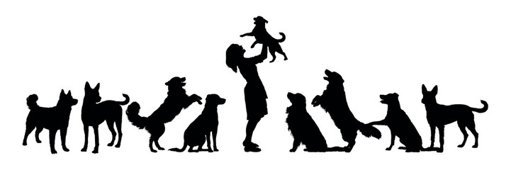 Woman lifting a puppy with group of dogs black silhouettes isolated on white background. 