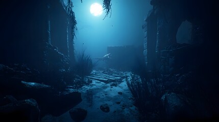 Underwater scene with deep blue tones, showcasing the mysterious and vast ocean depths