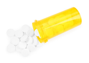 Medical bottle with antibiotic pills isolated on white, top view