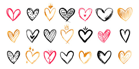 Grunge Icon Hearts in Red, Black and Gold Colors. Cute doodle love signs isolated on white background. Scribble heart shapes with simple decorations drawn with markers and crayons