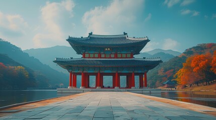 Serene Korean Pavilion Autumn Landscape Temple Lake Mountains Fall Foliage