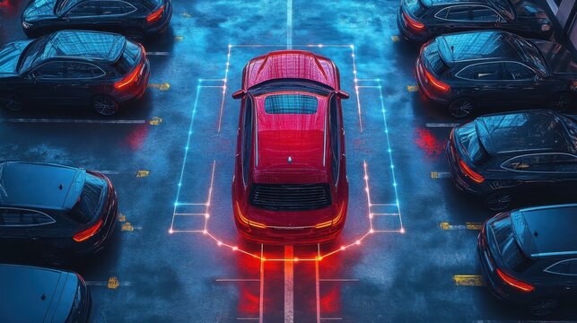 parallel parking top view with a smart car parking assist system autonomous car roadside security is scanned by driverless car systems concepts for smart cars of the futur